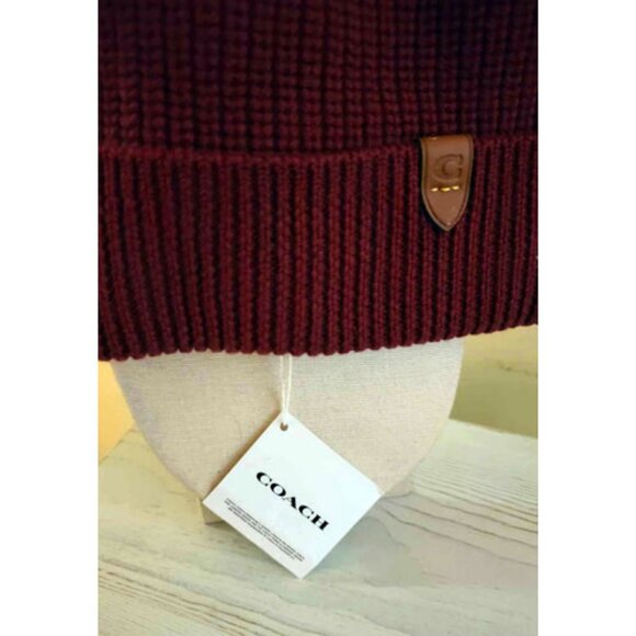 Coach Cherry Red Merino Wool Beanie NWT • Holiday Winter Knit Hat •Leather C Tag - Picture 4 of 7